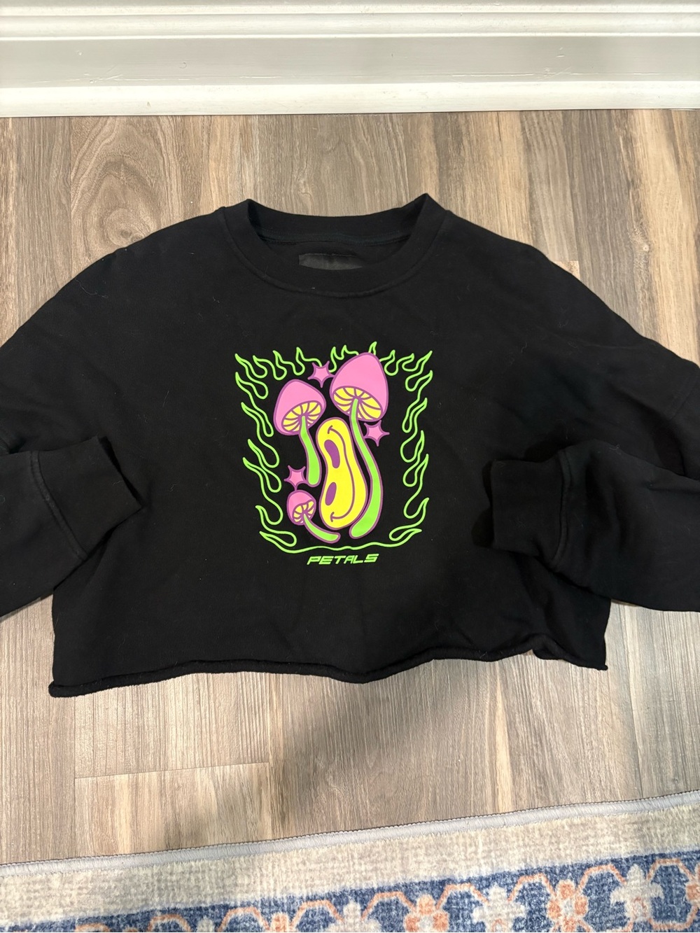 Black Cropped Sweatshirt with Neon Mushroom Graphic
